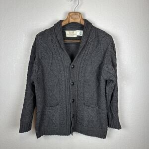 Aran Chunky Cable Knit Fisherman Cardigan Sweater Size M Gray Merino Wool Pocket